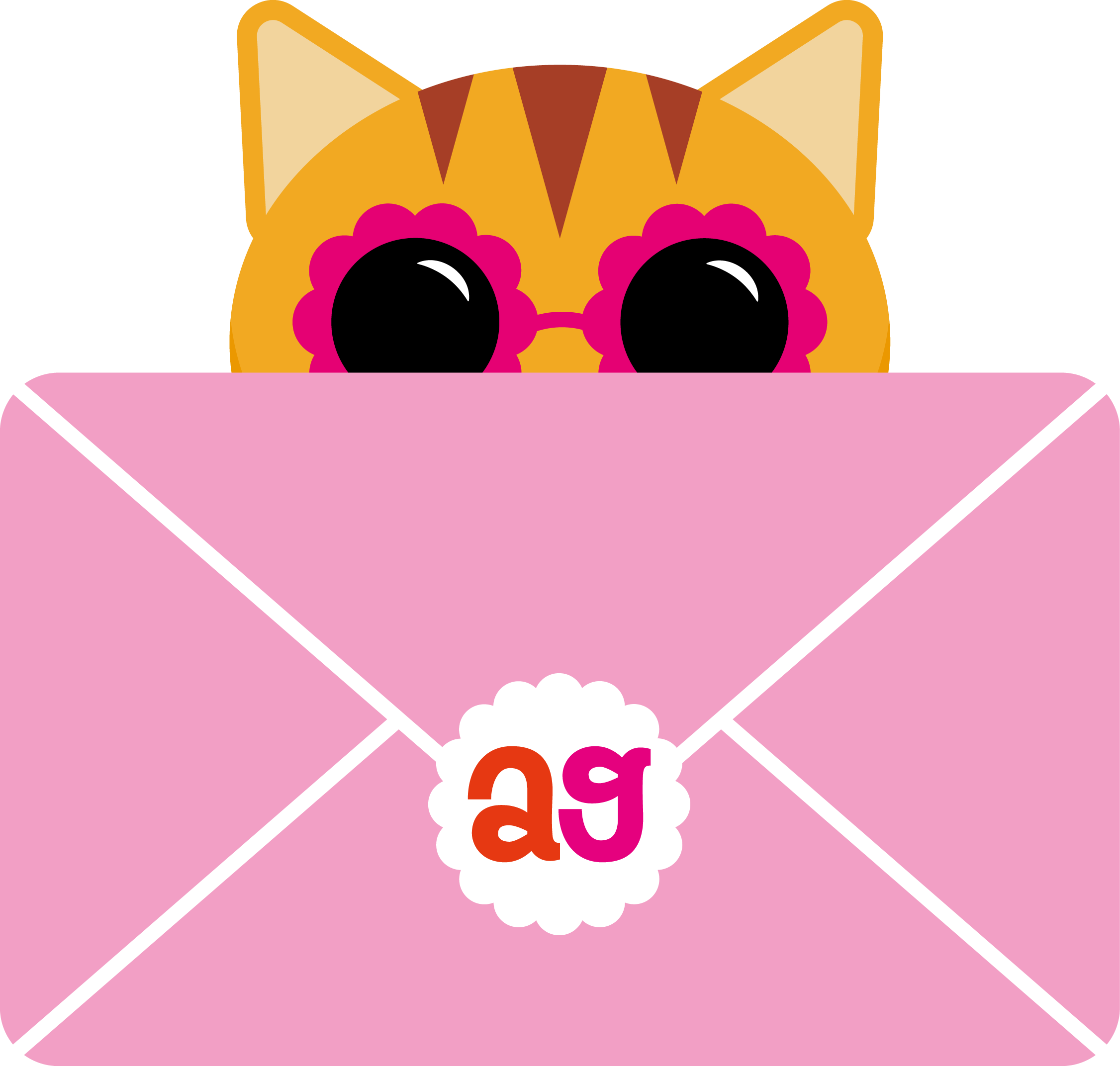 Contact Kitty Image of Marmalade the cat wearing sunglasses peeking from behind a pink envelope.